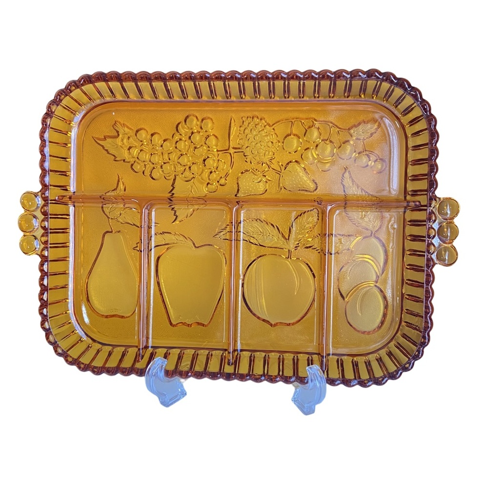 Indiana Glass fruits amber pressed glass divided relish tray 5 sections VINTAGE